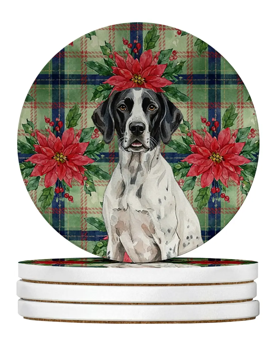 Carolines Treasures WDK8754RCS4 4 x 4 in. Black & White Pointer Christmas Poinsettias Large Sandstone Coasters, Pack of 4