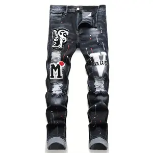 Men's Y2K Stretchy Denim Jeans Ripped Skinny with Letter Print Elastic Waist Casual Slim Fit Hip Hop Trousers Ankle-Length