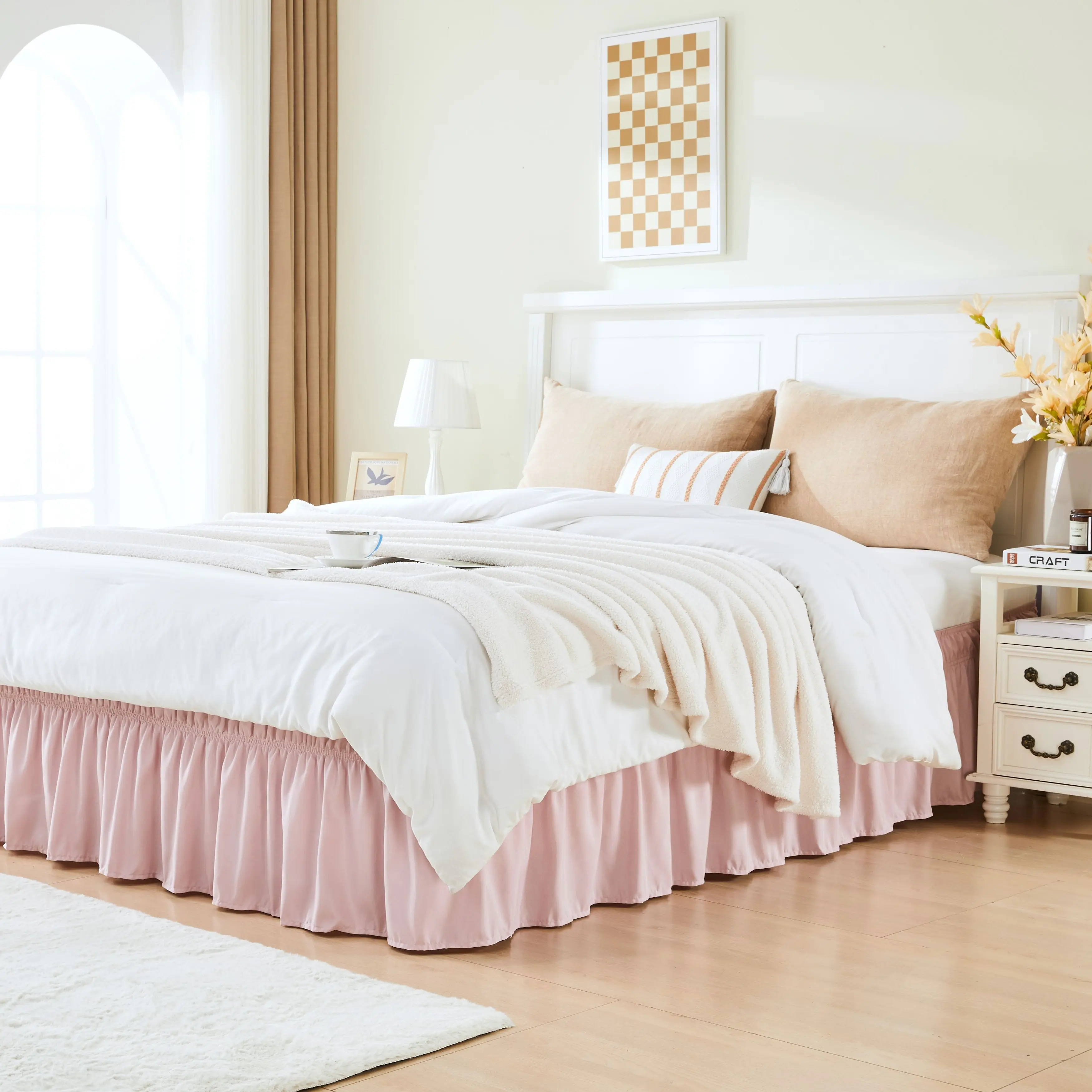 15 Inch Tailored Drop Wrap Around Dust Ruffle Bed Skirt, Double Elastic Belts, Easy Fit Adjustable Strap, Pleated Design, Soft Brushed Fabric, Wrinkle-Free & Machine Washable