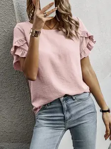 EMERY ROSE Solid Ruffle Trim Petal Sleeve Blouse For Summer