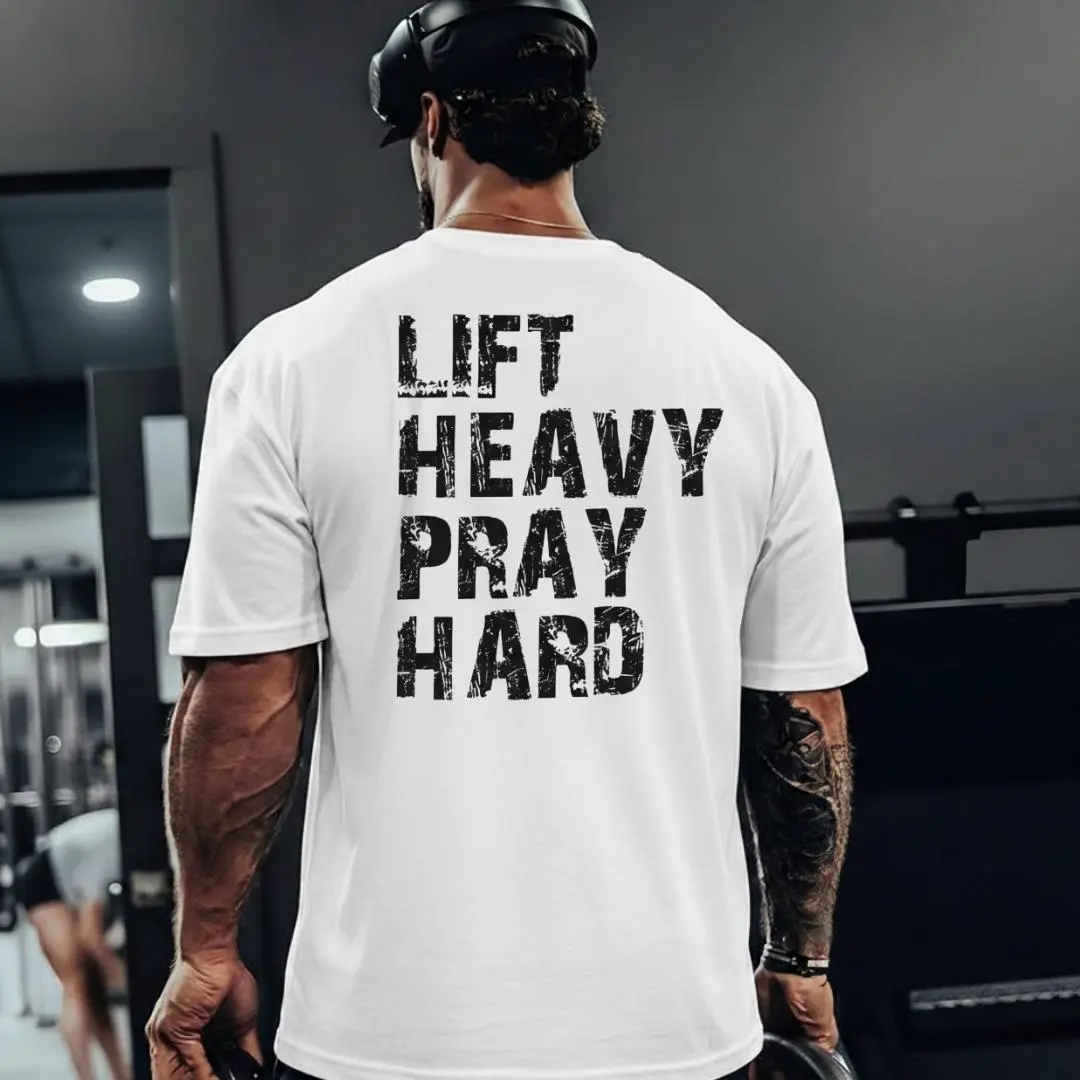 Mens Powerlifting Faith Tee 100% Cotton – Lift Heavy Pray Hard, Gym Lifter Shirt, Great with Workout Shorts and Sneakers, US Shipping, Gift for Men