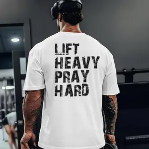 Mens Powerlifting Faith Tee 100% Cotton – Lift Heavy Pray Hard, Gym Lifter Shirt, Great with Workout Shorts and Sneakers, US Shipping, Gift for Men
