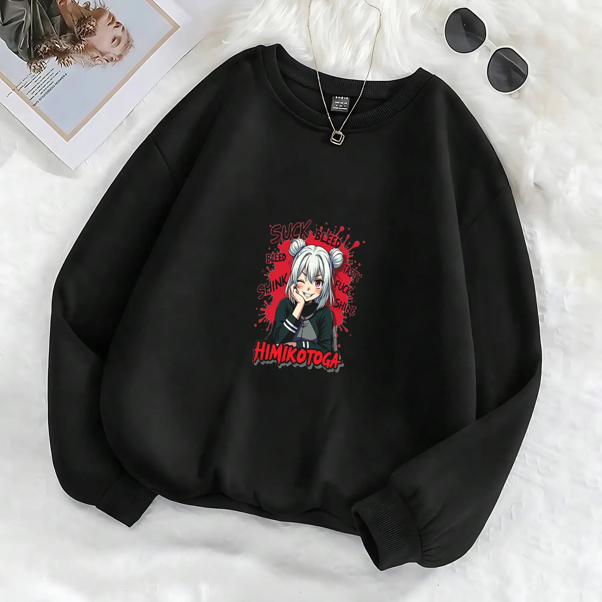 Women's My Hero Academia Himiko Toga Graphic Long-Sleeve Hoodie - Villain Design Cosplay Pull-On Top, Soft Gentle-Against-Skin Cotton Fabric, Loose-Fitting Casual Comic Con Merch