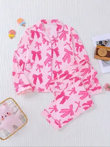 Leopard Print Bow Sleepwear Set, Autumn Winter Fire Retardant Casual Comfortable Pajamas, Home Wear