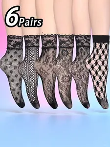 Women's Transparent Fishnet Socks, Fashionable Floral Lace Pattern, One Size Fits Most, Sexy Fitted Design, 6 Pairs Pack, Womenswear