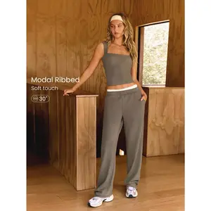 GLOWMODE Modal Ribbed Straight-Leg Built-In Adjustable Drawstring Waist Active Pants With Side Pockets Casual Daily Wear