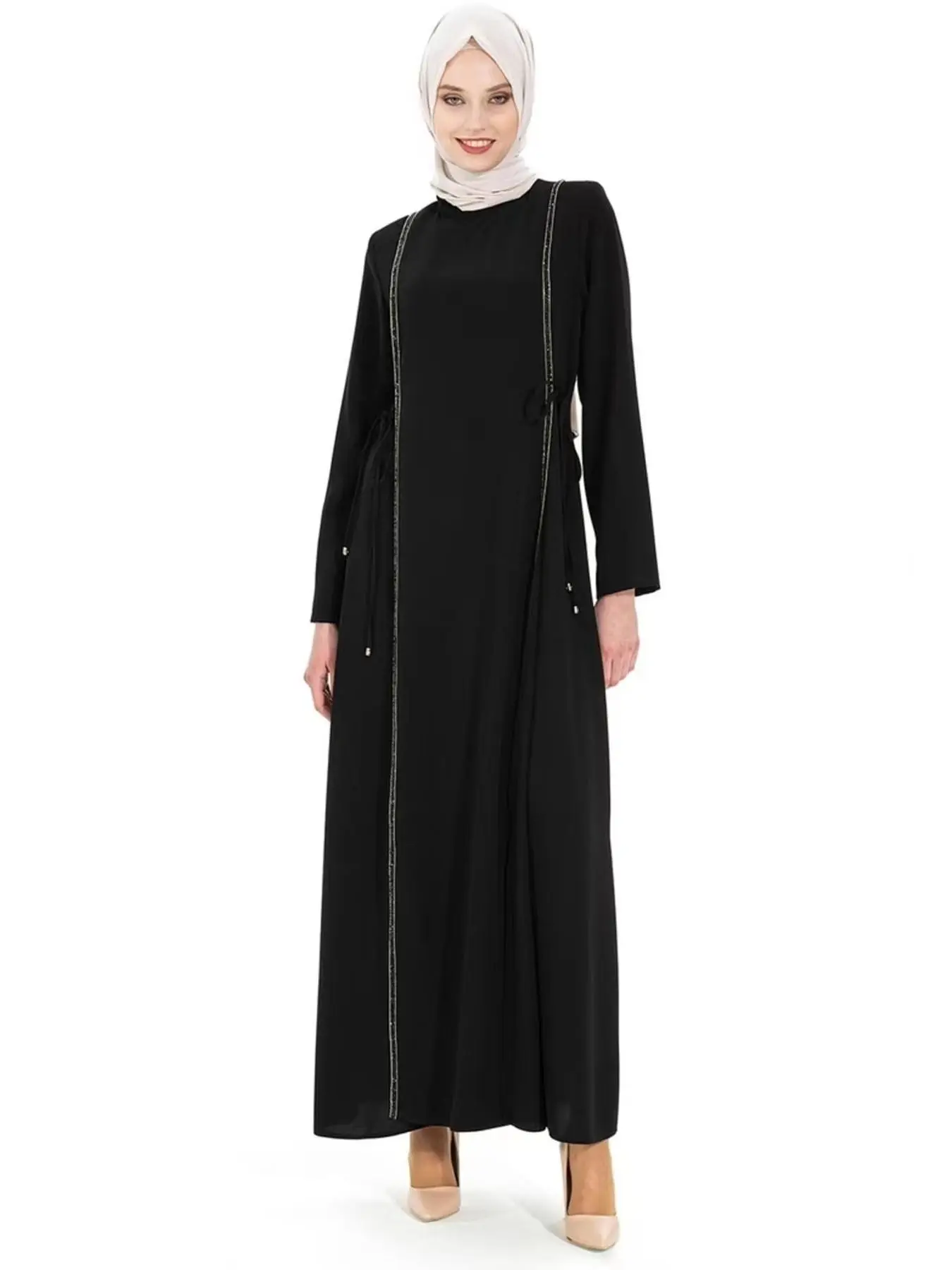 Arabic Clothing-Solid Contrast Binding Round Neck Dress without Hijabs, Pakistani Outfits, Modest Long Sleeve Dress, Women Spring & Fall Islamic Cloth