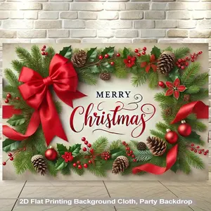 1pc 2D Flat Red & Green Christmas Backdrop Banner with Golden Lettering Pine Branches Holly Berries & Elegant Cursive "Merry Christmas" - Golden Bow Accent Wall Hanging Fabric for Holiday Par Ornaments Decor Decoration White