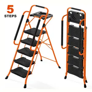 sekam 5-Step Folding Ladder - 26lbs Lightweight, Wide Anti-Slip Pedals & Dual Handrails - Portable Step Stool with Built-in Tool Features (Storage/Drill Holder) - Ideal for Home Cleaning, Kitchen Tasks, Wall Painting & Daily House Maintenance Needs
