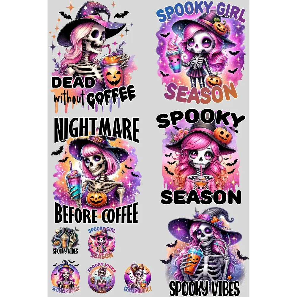 Dead Without Coffee Mini DTF Transfer Gang Sheet 24.5" wide x 36" long. Direct To Film Mini Gang Sheet