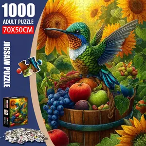 1pc 1000 piece adult puzzle 70x50cm Hummingbird on Fruit - filled Basket with Sunflowers 500 pieces of paper jigsaw puzzle, suitable for adults and families, large-scale DIY puzzle interactive toy