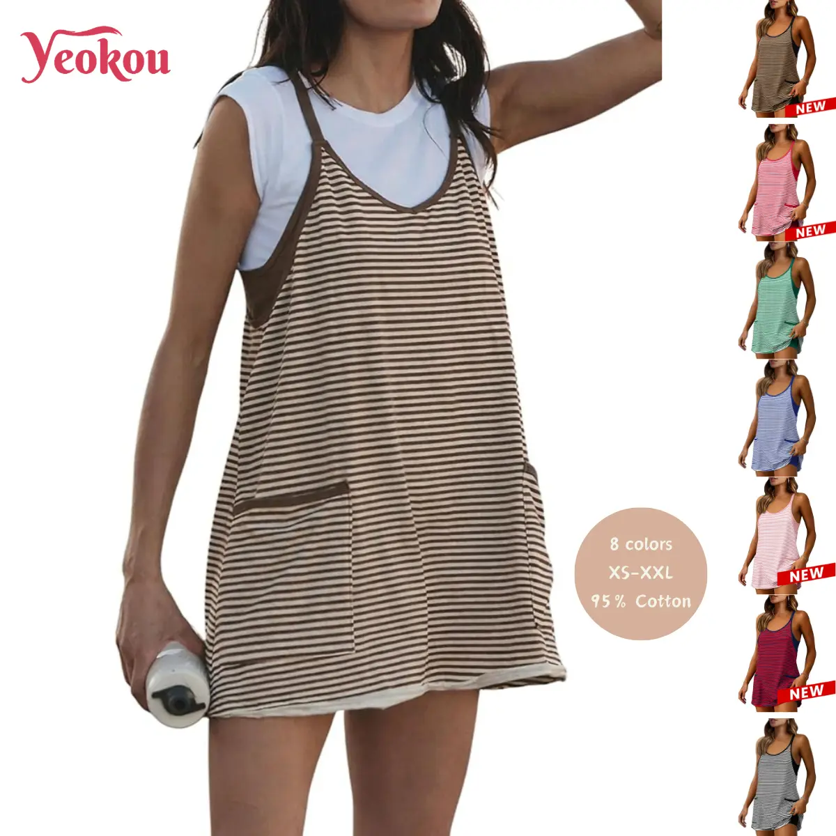 Yeokou Women's Summer Athletic Dress with Built-in Shorts - Sleeveless V-Neck Striped 95% Cotton 5% Spandex, Casual Wear, Women's Clothes, Beach Outfits, Tennis Workout Vacation, XS-XXL Brown,summerwins