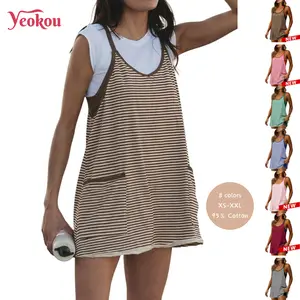 Yeokou Women's Summer Athletic Mini Dress Sleeveless V Neck Built-in Shorts Striped Tennis Workout Vacation Casual Womenswear 95% Cotton 5% Spandex XS-XXL Brown