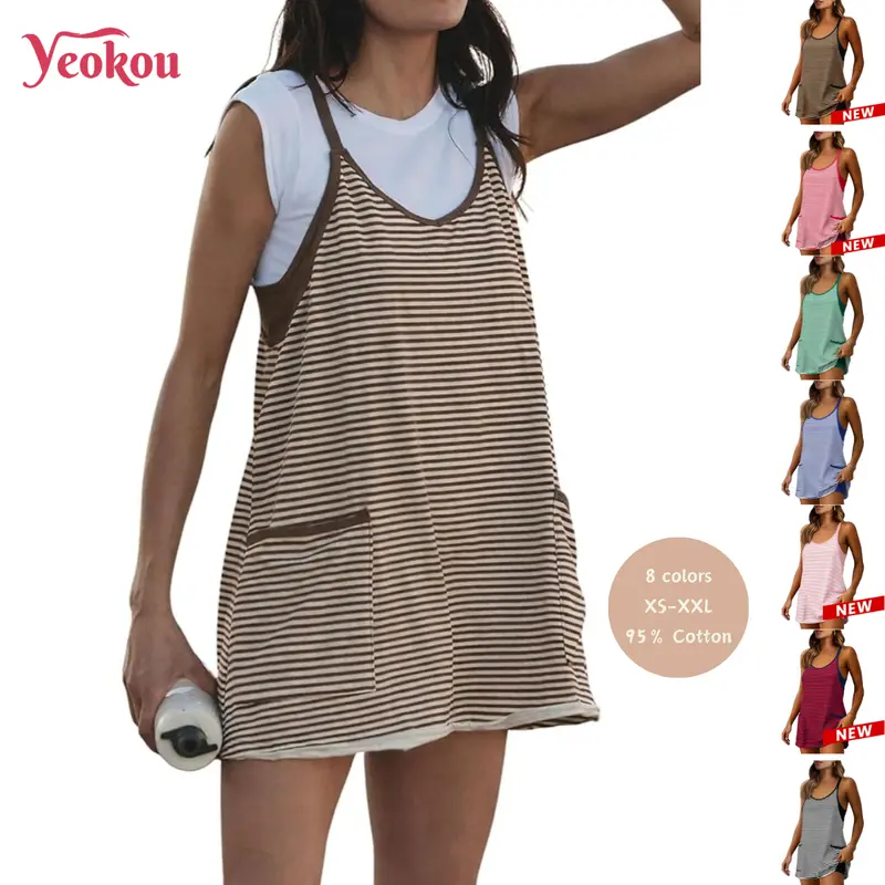 Yeokou Women's Athletic V-Neck Striped Cotton Romper - Rompers for Women with Built-in Shorts, Pockets, Stretchy 5% Spandex, Spaghetti Straps Stay Light and Airy, Cute Trendy Clothes for Tennis, Workout