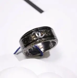Pre-owned Chanel Black CC Logo Band Ring