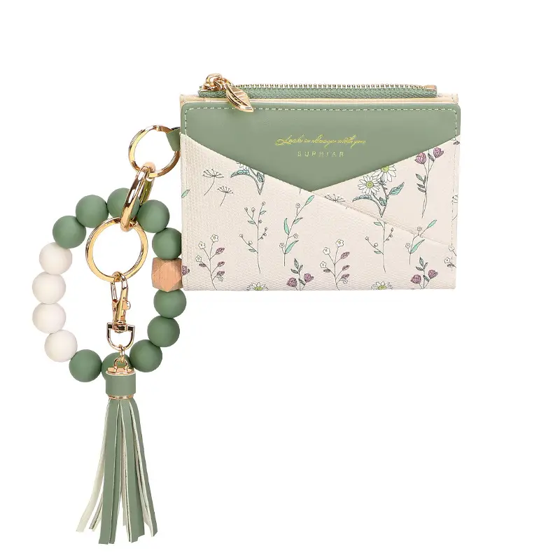 Women's Boho Durable PU Leather Wallet - Zipper Coin Purse, Flower Pattern, Colorblock Card Holder, Beaded Bracelet, Tassel, Anti-Lost Wristlet, Hands-Free Lightweight Slim Bohemian Graduation Gift Storage Bag, Durable Wallet