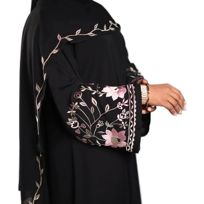 Dubai Abaya with Floral Embroidery and Gold Accents - Fashionable Women's Wear