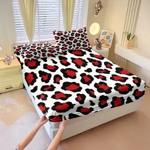 3-Piece Red & Black Leopard Print Fitted Sheet Set Stretchable Microfiber Sheets with Deep Pockets Soft, Wrinkle-Resistant Bedding Fits Twin/Double/King Beds Stylish Leopard Print Pattern Decorative Bedsheet Sets Perfect for Bedroom and Dorm Decor