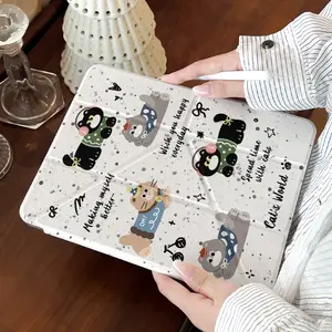 Cute Cartoon Cat Design Case, Tablet Protective Cover for iPad Air 4-7 Pro Mini, Clear Back Panel, Lens Protector, Integrated Pencil Holder, Y Fold Angle Stand