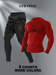 Men's Gym Hooded Long Sleeve T-Shirt + Faux Two-Piece Pants Set, Casual Fall & Winter, Moderate Fabric, Fitted Style