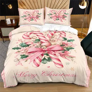Pink Christmas Cane Duvet Cover Set, Includes One Quilt Cover and 1/2 Pillowcases, Warm & Sweet Design, Comfortable Polyester Fabric, Home Bedroom Hotel Use