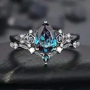 Pear Shaped Gold Engagement Rings 2 Pieces - Black Flower Engagement Ring Set with Black Magic Rings for Bride