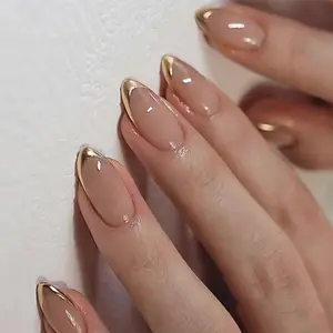 Golden French Tip Press On Nails | Almond Shape | Shimmer Solid Color