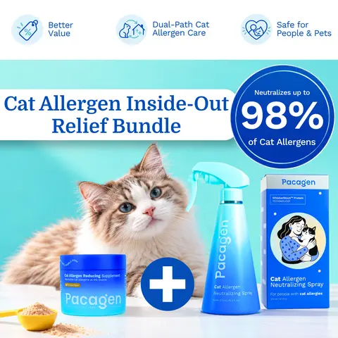 PACAGEN Deluxe Cat Allergen Inside-Out Relief Bundle Set - Pet Healthcare Supplement, Allergen Neutralizing Spray