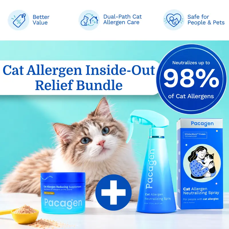PACAGEN Deluxe Cat Allergen Inside-Out Relief Bundle Set - Pet Healthcare Supplement, Allergen Neutralizing Spray
