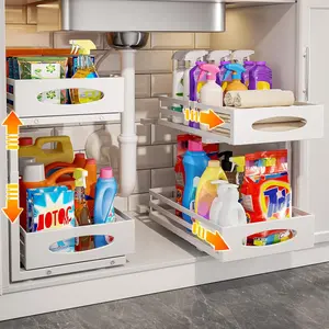 2 Pack White 2 Tier Adjustable Height Slide Out Under Sink Organizers and Storage, Pull Out Metal Drawer Shelf for Kitchen Bathroom Cabinet Storage