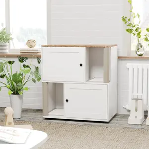 2-in-1 Hidden Cat Litter Box Enclosure for 2 Cats | Large Wooden Cat House Furniture & Side Table | Indoor Cat Washroom with Scratching Post & Double-Layer Mat