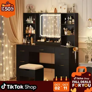 Black 47-Inch Makeup Vanity  With Mirror And Lamp, Led Black Dresser With Chair And Power Socket, Illuminated Makeup Dresser With Drawer And 3 Lighting Modes (Suitable For Women And Girls)