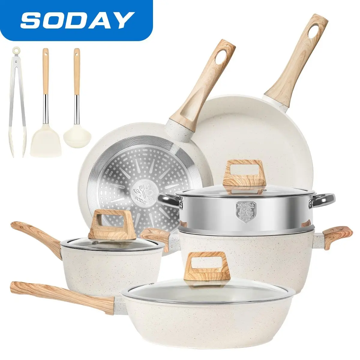 SODAY 12-Piece Nonstick Pots Granite Cookware Set - Featuring Frying Pans, Saucepans, Steamer, Silicone Shovel Spoon & Tongs