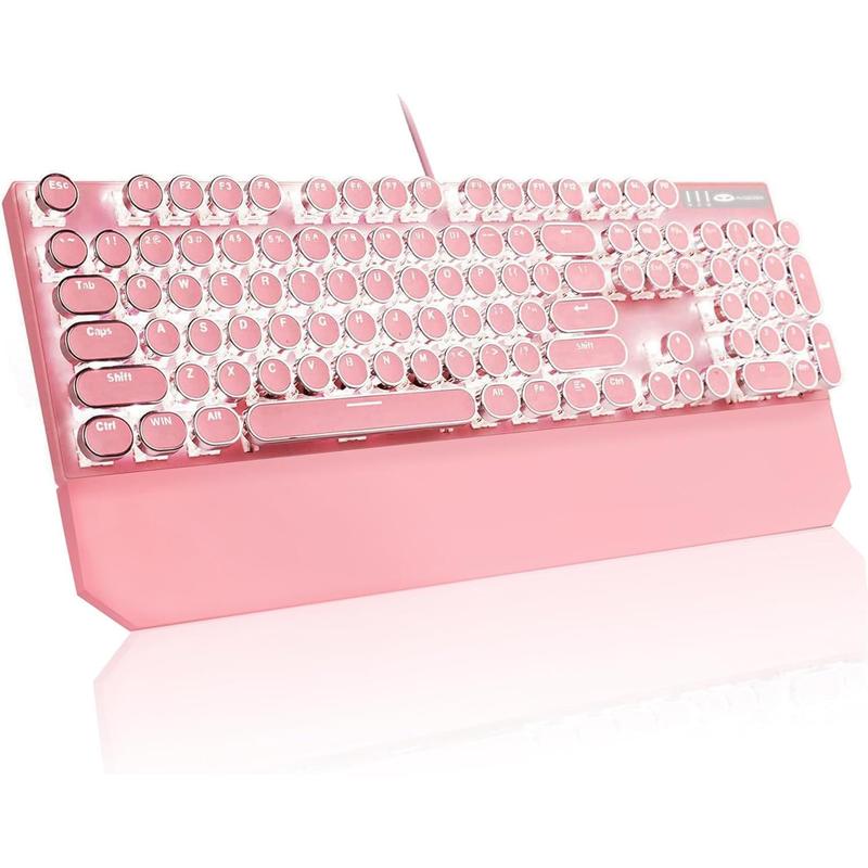 Typewriter Mechanical Gaming Keyboard, Retro Pink Punk Round Keycaps LED White Backlit Wired Keyboards with Detachable Wrist Rest for  and Office, for Windows Laptop PC  - Blue Switches