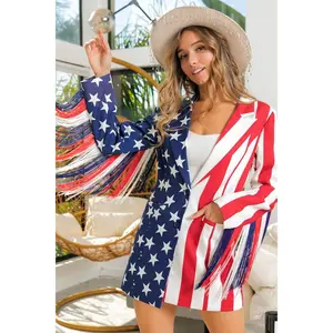 AMERICAN FLAG THEME FRING SLEEVE PEAK LAPEL BLAZER: AMERICAN FLAG