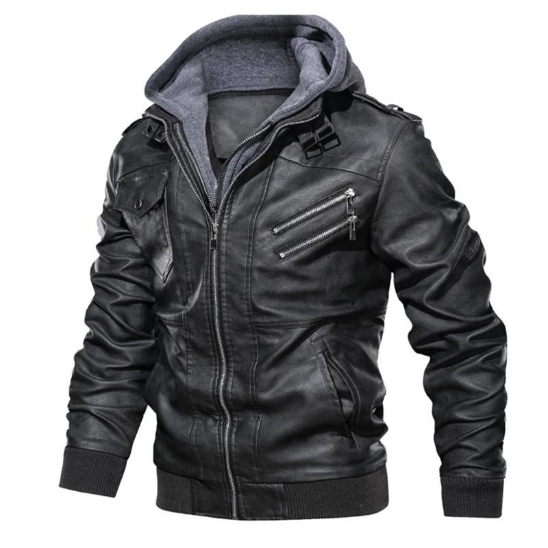 Men's Winter PU Leather Faux Two-Piece Hooded Jacket – Thick, Warm, Trendy Motorcycle Style Coat with Removable Hood, Ribbed Cuffs, and Zipper Front Closure; Perfect for Streetwear, Jogging, Fishing, or Casual Wear; A Versatile Addition to Any Man's Wardr
