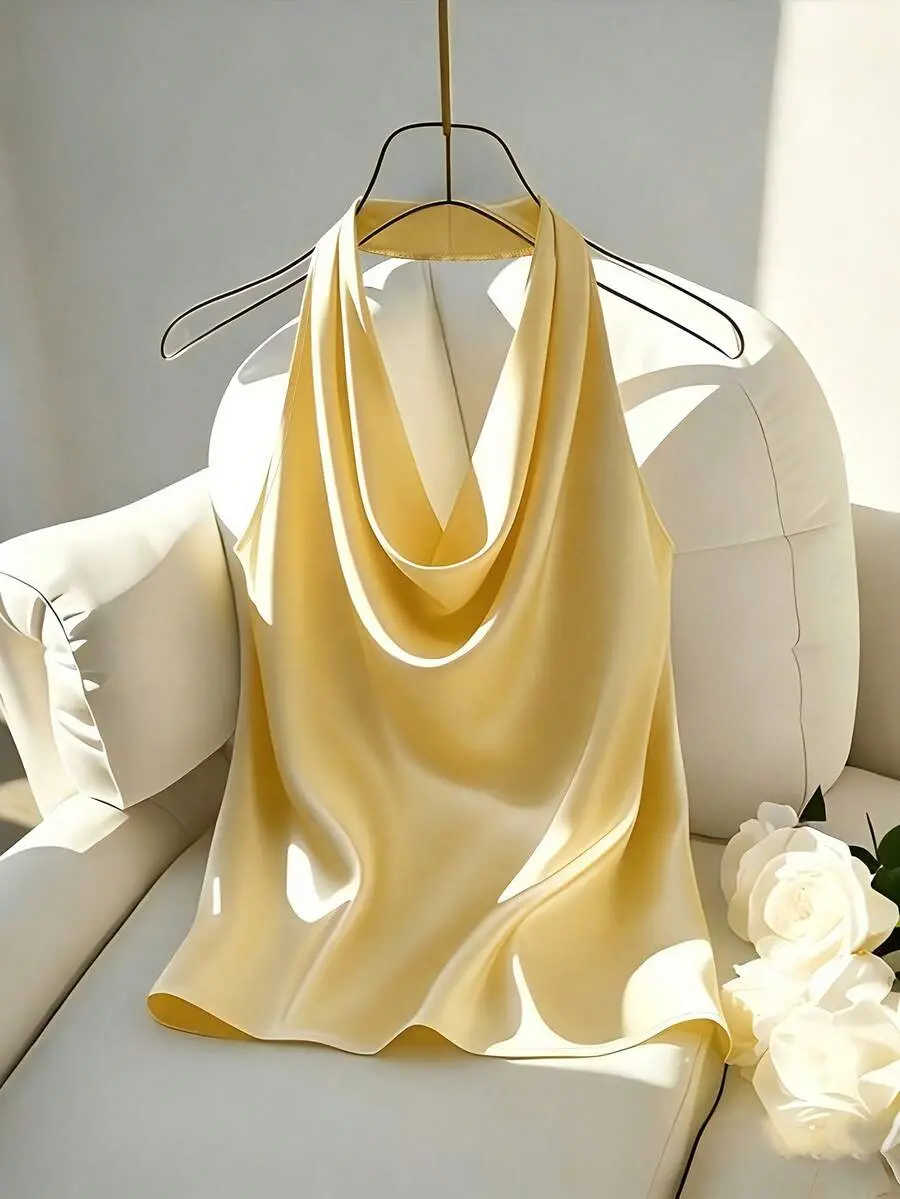 Women's Elegant Pale Yellow Satin Halter Neck Tank Top, Slim-Fit Backless Scarf Camisole, Plain Silk Blouses For Summer Party Vacation Getaways