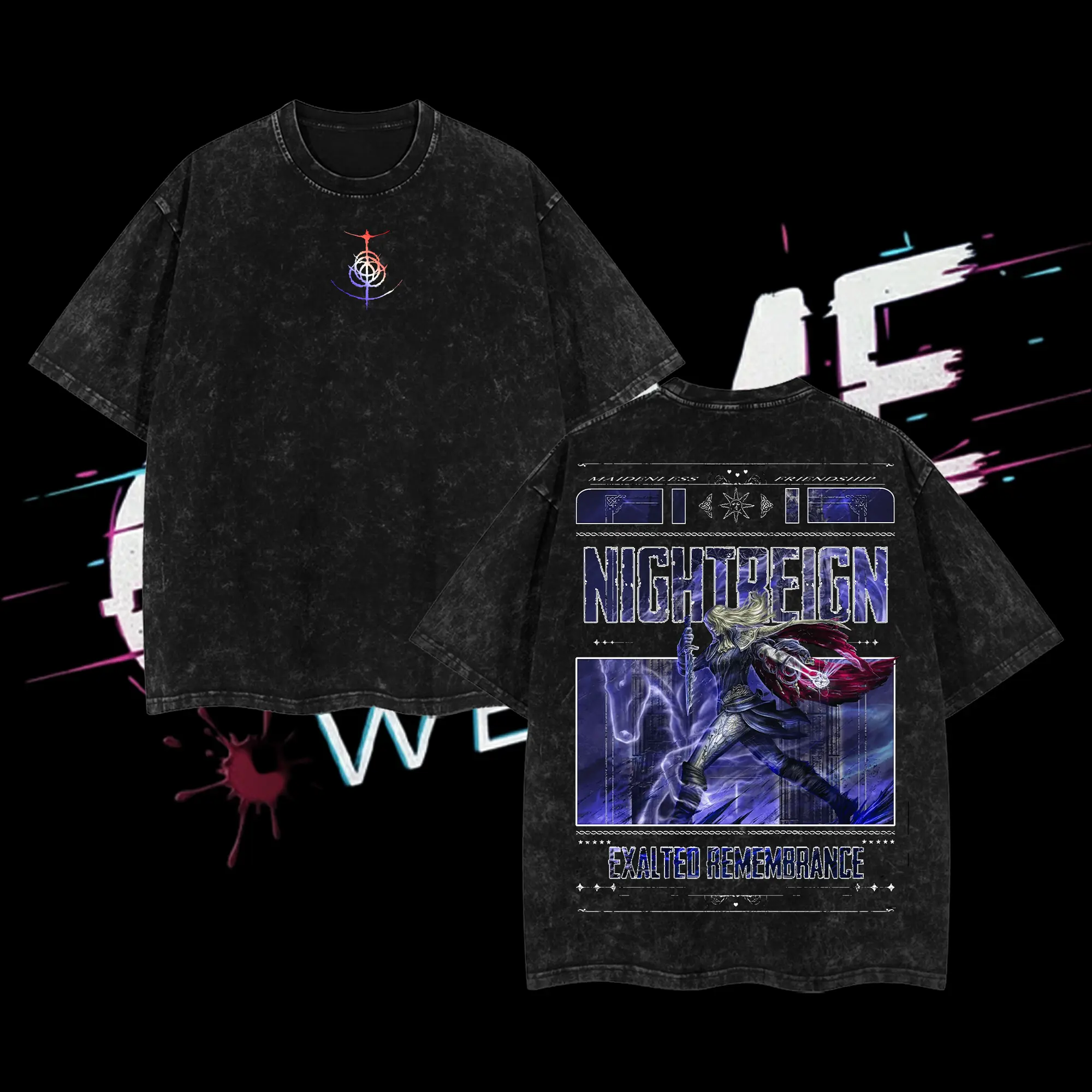 Elden Ring NightReign Double Printed Oversize Lightweight Acid Washed Tee Game Graphic T-Shirt for Men Casual Day Wear Cotton Fabric - Jeans Vintage Gaming Retro Black Tee Oversized Heavyweight Cotton T-Shirts Love Menswear