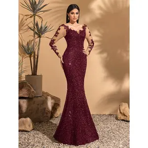 Women's Elegant V-Neck Sleeve Mermaid Evening Gown with Floral Lace Appliqué & Sparkling Sequins - Burgundy Formal Party Wedding Dress, Event Wear, Sophisticated Craftsmanship Womenswear Knit Solid Workwear Basic Minimalist