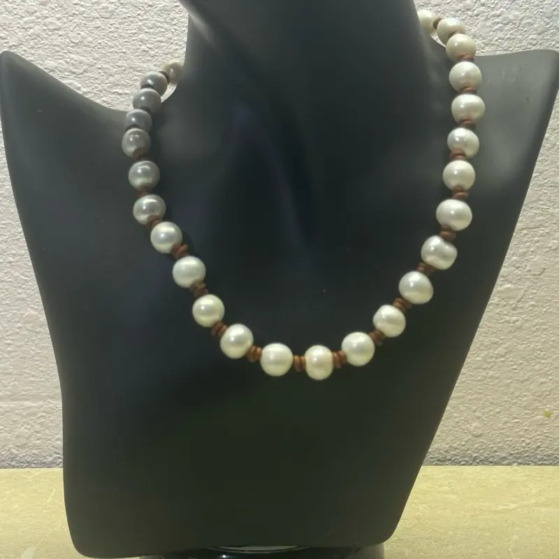 Handcrafted Natural Light Brown Leather Multi-Pearl Statement Necklace