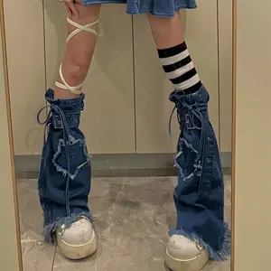 Blue Washed Denim Leg Warmers Subculture Baddie Sweet Edgy Star Tie-Up Flared Stackable Sleeves Women's Design Style Fashion ltem