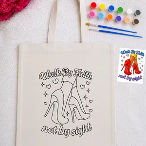 Color Your Own Canvas Tote Bag Paint Kit - Pre Pressed Tote Bag - Walk By Faith Pre Drawn Canvas Tote Bag Design