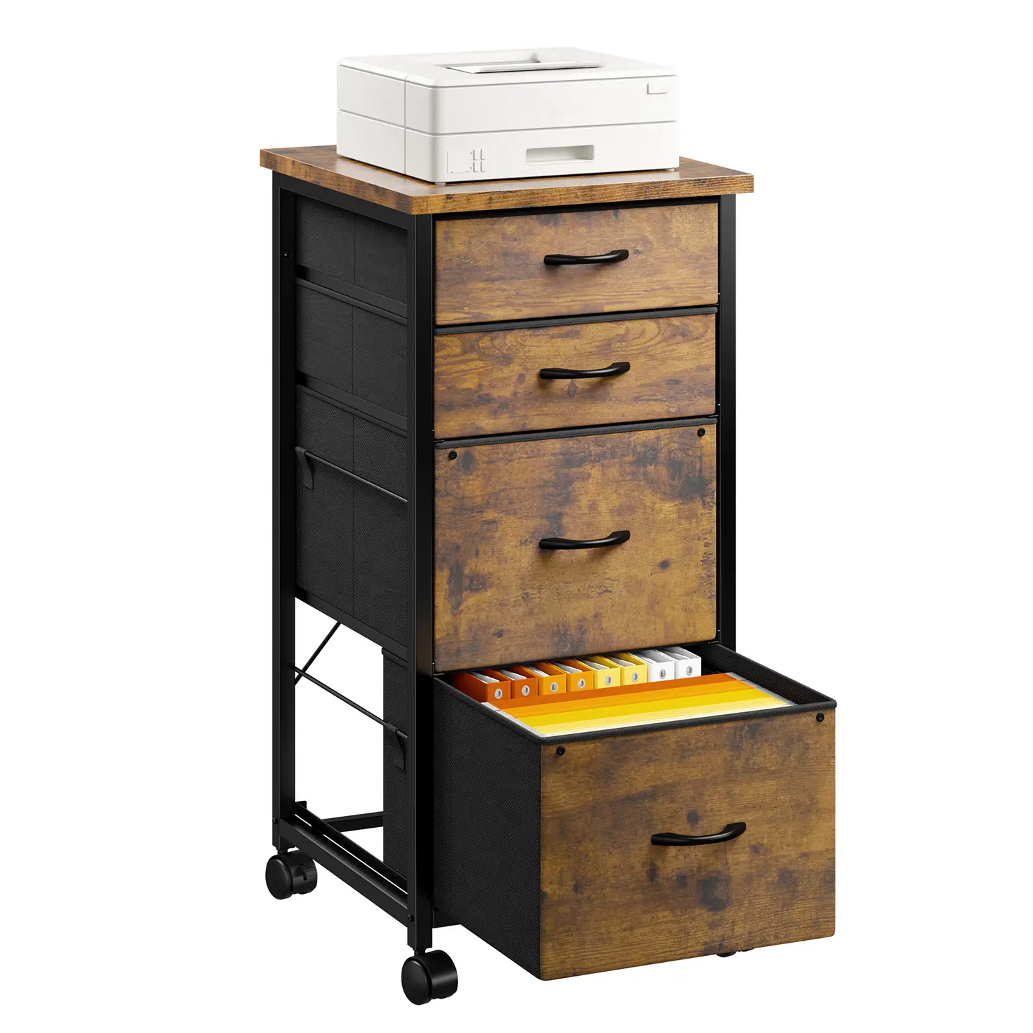 Raybee Furniture Mobile File Cabinet with 4 Fabric Drawers Vertical Storage Filing Cabinet Fits A4/Letter Size Printer Stand for Home & Small Office Use Metal Frame Stable Space-saving Organizer