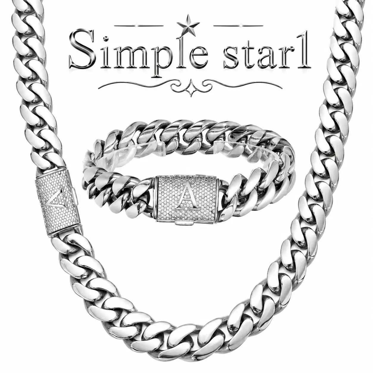 Silver Stainless Steel Miami Cuban Chain & Bracelet Set, 14MM Thick Cuban Link Jewelry with A-Z CZ Initial Clasp - Men's Accessories, Beach Essentials, Chains for Men, Hip Hop Gothic Street Style, Personalized   Festive  Luxury Platinum Zircon Bridal