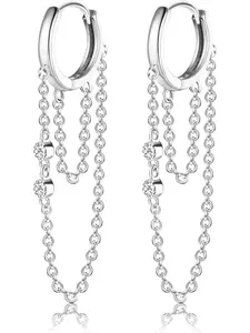 Chain Earrings S925 Sterling Silver Hoop Earrings with Chain 18 Carat Gold-Plated Minimalist Threader Earrings CZ Cartilage Helix Tassel Drop Cuff Huggie Earrings for Women Girls, Metal