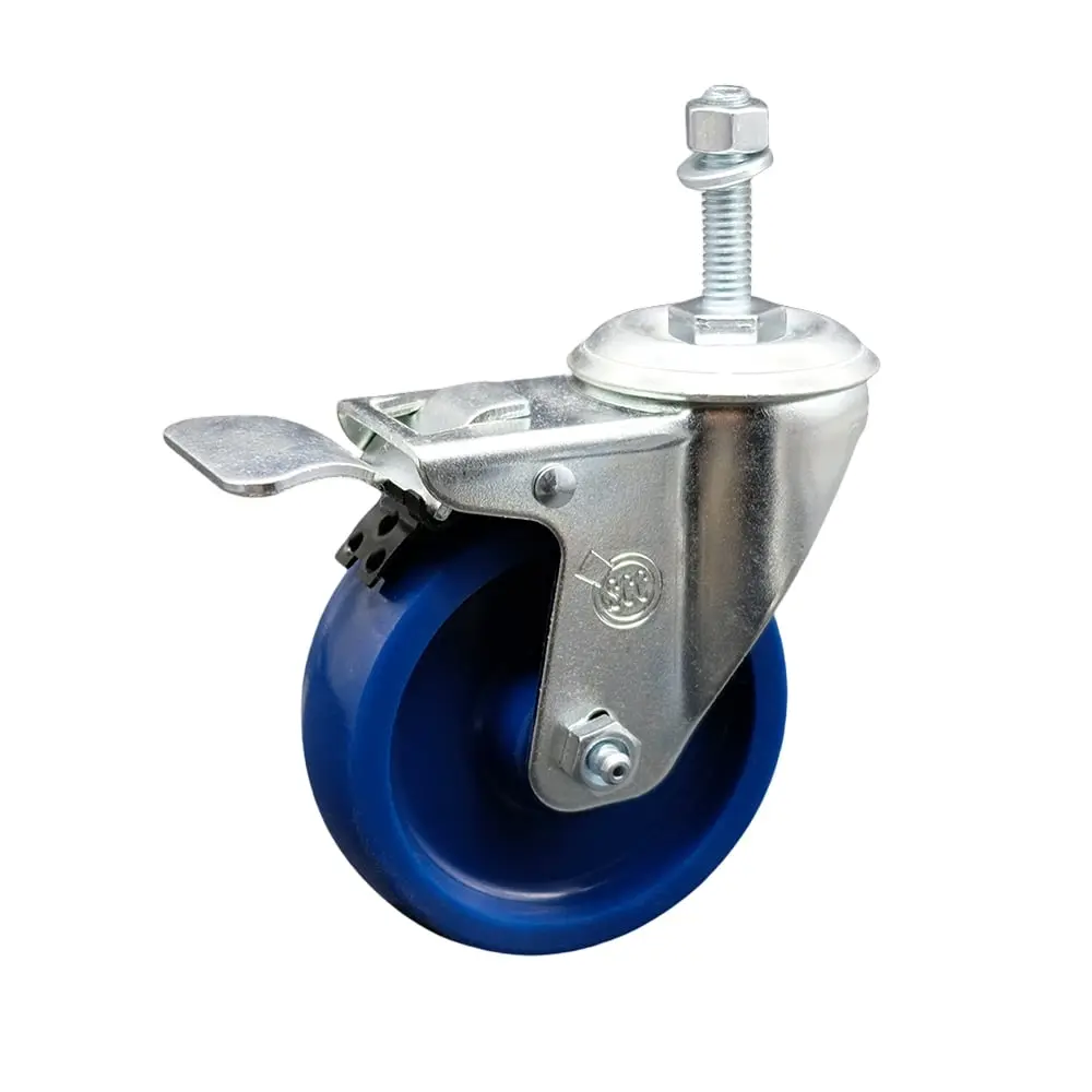 Service Caster SCC-SSTSTTL20S414-SPUS-M1015 Stainless Steel Solid PU Swivel Threaded Stem Caster (Series #20), 4x1.25 inches Wheel+Brake, 10 mm Stem, Total Locking Brake, 300 lbs Capacity, for Carts/Equipment with Bolt Hole Compatibility, 4 X 1.25 In, Lig