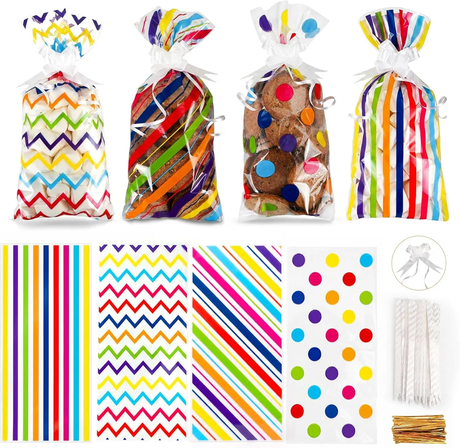 100 Pack 5.1×10.6" Rainbow Cellophane Treat Bags | Gold Twist Ties White Bows for Birthday,Holiday,Party,Easter,Christmas,New Year and Wedding Decorations