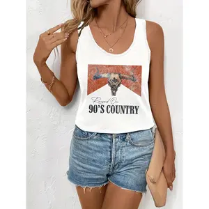 Women's 90's Boho Cow Skull Tank Top - Retro Western Sleeveless Shirt with Country Graphic Print, Machine Washable Summer Festival Outfits Suitable for Music Festivals, Casual Wear & Bohemian Style