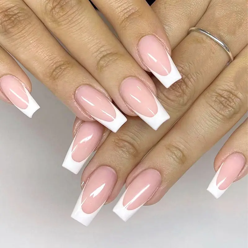 Square Fake French Nails False Long Nails Full Cover Acrylic Long Fake Nails for Women and Girls 24PCS Classic Touch 2 Medium Square White French Tips Press On Nails