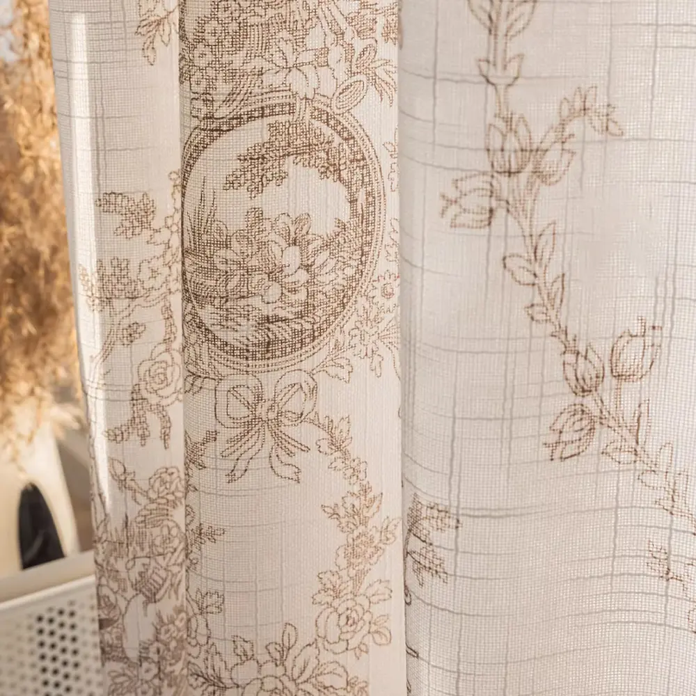 French Vintage Printed Linen Sheer + White Ruffled Sheer Curtain - Light-Filtering & Private, Privacy Curtain, Punching Fit Multi-Rod, Elegant Decor for Living Room/Bedroom/Balcony, Ideal for Retro Home Style, Home Decoration Curtain(gromment top)